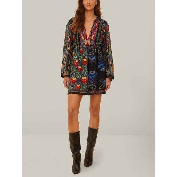 Farm Rio Black Mixed Arabesque Scarves Long Sleeve Mini Dress Size XS NWT Chic - Picture 1 of 16